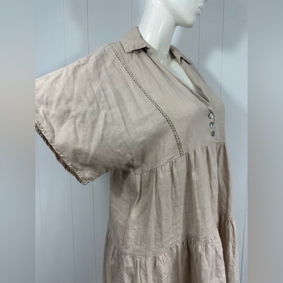 ZARA Women M Beige V neck Half Button Short Sleeve Boho Linen Blend Mini Dress - Picture 6 of 11